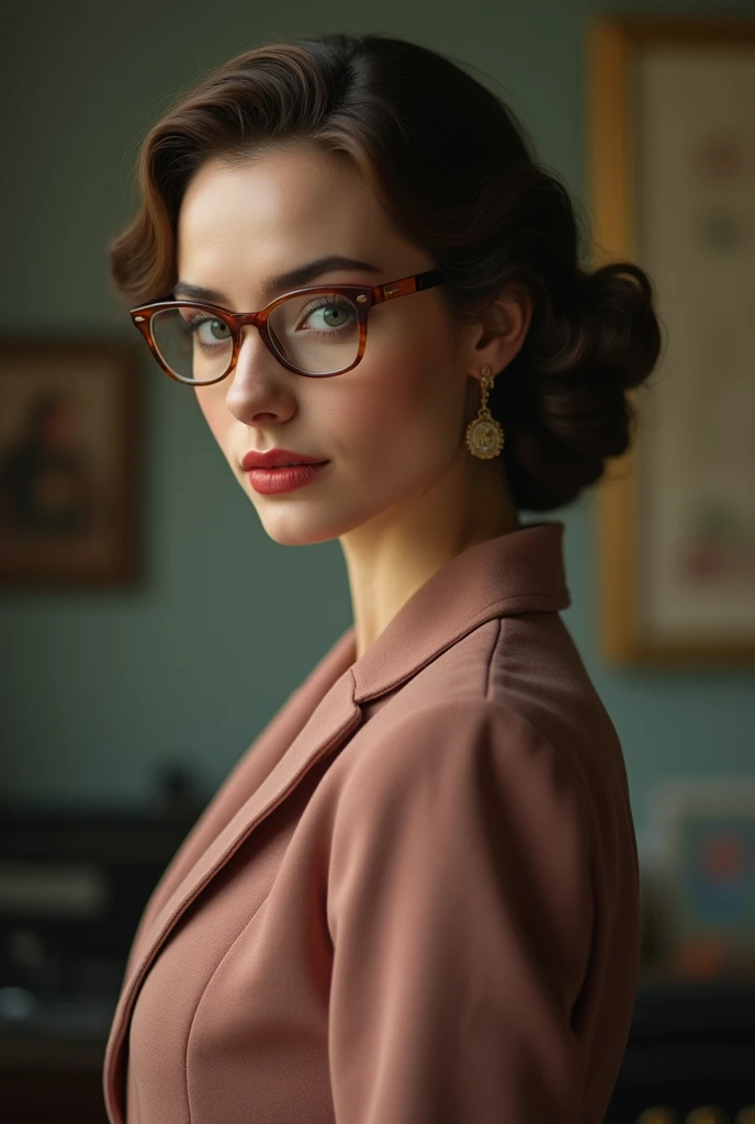a sophisticated 1940s english trophy wife, beautiful elegant woman in formal dress with bangs hairstyle, in a 1940s indoor house setting, graceful formal posture, wearing glasses, (best quality,4k,8k,highres,masterpiece:1.2),ultra-detailed,(realistic,photorealistic,photo-realistic:1.37),HDR,UHD,studio lighting,ultra-fine painting,sharp focus,physically-based rendering,extreme detail description,professional,vivid colors,bokeh,portraits,chiaroscuro,cinematic lighting,dramatic colors,moody,atmospheric