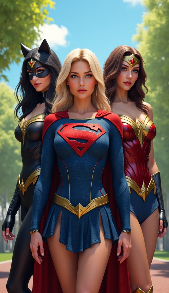 A stunning, high-resolution group image featuring the female versions of iconic superheroes standing together in a powerful, united pose. Each heroine is depicted with a strong yet feminine build, showcasing their unique costumes and characteristics with elegant, feminine touches, all incorporating skirts. Superwoman wears a vibrant blue bodysuit with a bold, red 'S' emblem on her chest, a matching blue skirt, a flowing red cape draped over her shoulders, and stylish red boots. Her hair flows freely in soft waves, and she stands confidently with one hand on her hip. Batgirl is clad in a dark, midnight blue bodysuit with a gold bat emblem on her chest, a matching blue skirt, a flowing black cape, and gold-trimmed boots. Her utility belt is practical yet subtly stylish, and her long, wavy hair flows freely from her cowl. She stands vigilantly, holding a batarang. Spider-Woman wears a sleek red and blue bodysuit with a web pattern, a matching red and blue skirt, and a white spider emblem on her chest. Her mask covers her eyes, allowing her long hair to flow out. She stands in an agile, ready-to-leap pose, one hand extended as if ready to shoot webs. Iron Woman is in a high-tech, form-fitting armor suit in red and gold, with a glowing arc reactor on her chest, a matching red and gold skirt, and stylish red and gold boots. Her helmet is off, revealing her confident expression and sleek hair. She stands with one hand on her hip and the other arm extended, repulsor ready to fire. Captain America (female version) wears a blue bodysuit with white and red accents, a matching blue skirt, a white star emblem on her chest, and red boots. She holds a circular shield with the iconic star and stripes. Her hair is tied back in a practical yet stylish manner, and she stands with the shield raised, ready to defend. They are all posed together on a rooftop against the backdrop of a city skyline at sunset, casting a warm, golden light over the scene.