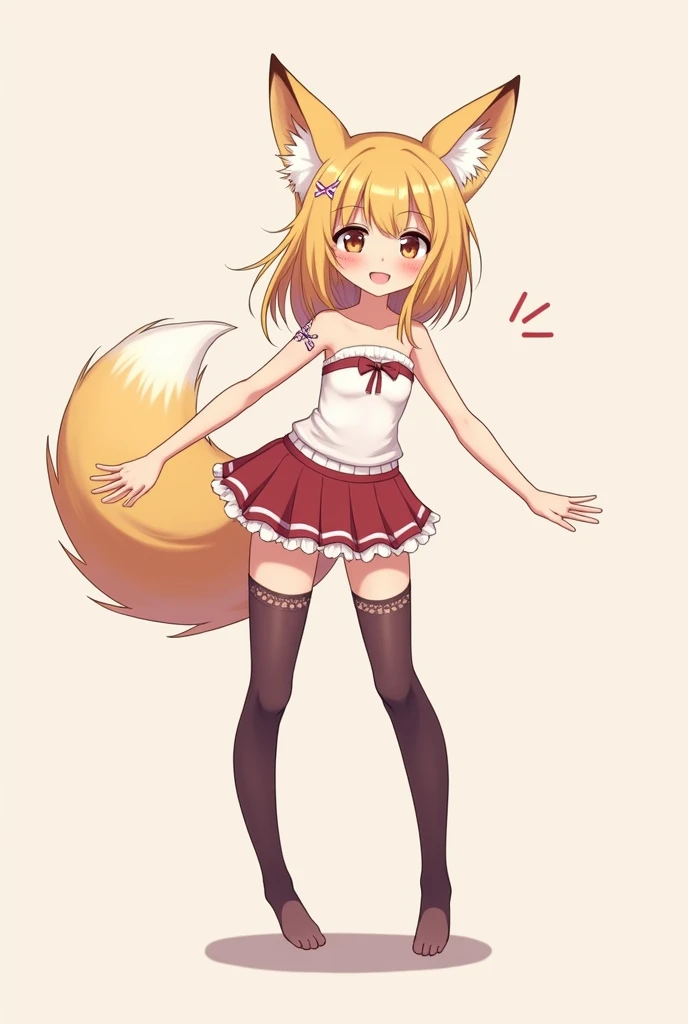 cute light creamy yellow fur and light yellow creamy hair, cute in black shorts and cute big fluffy fox ears and long big fluffy fox tail, very_long_hair fenboy and big hips and Five Nights at Freddy's Style head paw and feet paw, very_long_hair mike-twokinds, hair flaps open shirt, very_long_hair, mike-twokinds, hair flaps