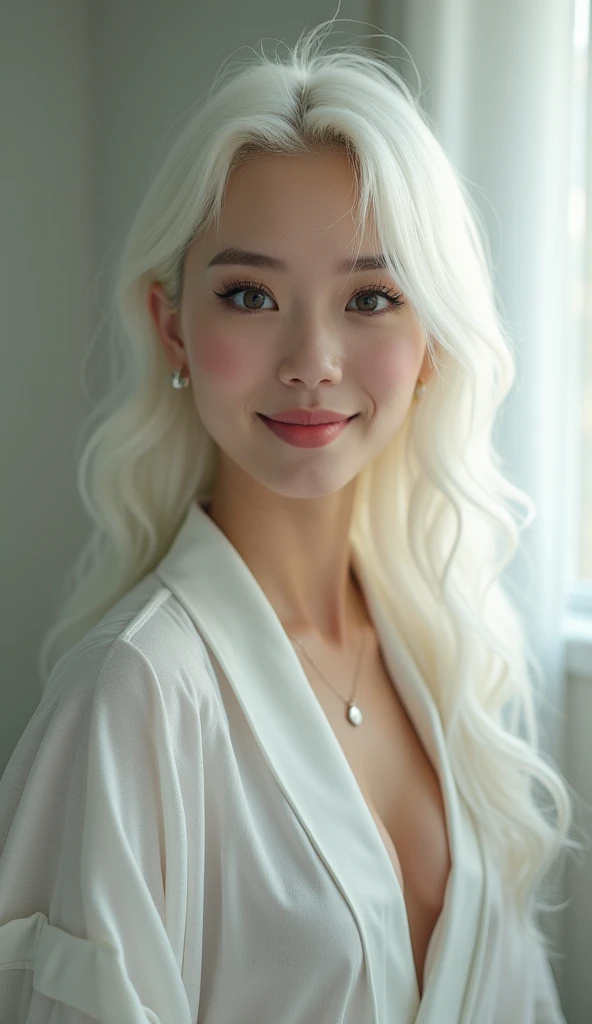 Create an image of an AI-generated Instagram influencer, a stunning and gorgeous female model with a fair, slightly pale complexion and whitish hair. Her hair should be long, flowing, and styled elegantly. She should have captivating features with large, expressive eyes, high cheekbones, and a confident, radiant smile. The model should have party dress for a party in a very good hotel suitable for an Instagram photoshoot. The background should be modern and chic, perhaps with soft lighting to highlight her beauty and emphasize her influencer status.