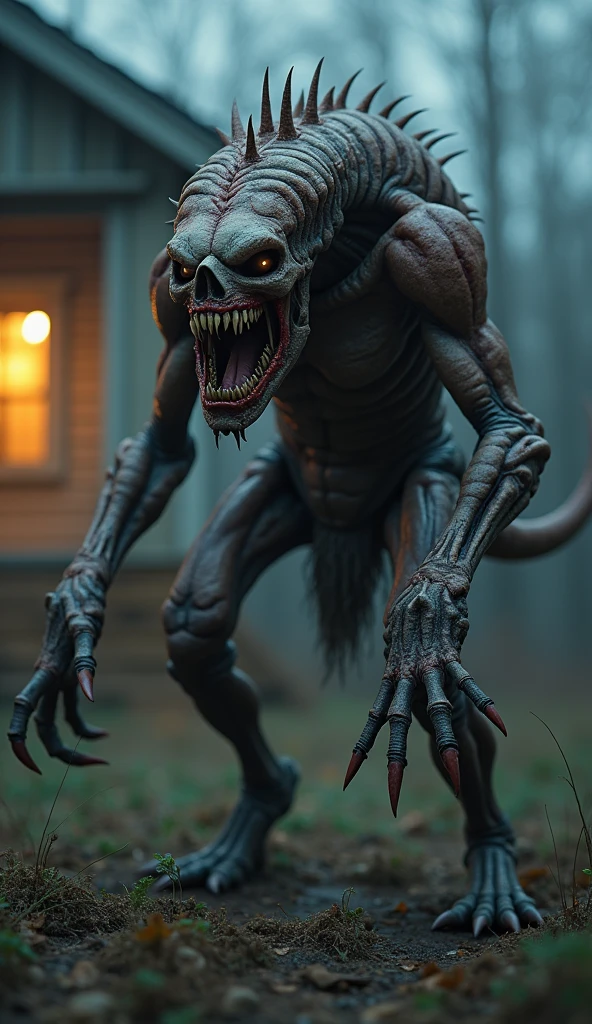 (photorealism:1.2), terrifying alien, hiding behind a house ,In the darkness of the night, horror atmosphere 