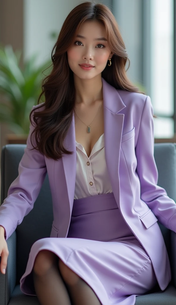 (Light Purple Blazer)、Business Blouse、(Light purple long skirt:1.3)、((Full Body Portrait))、silk pantyhose、Sitting、(Both legs and high heels look beautiful.)、1 girl、Perfect Anatomy, Perfect body, Perfect hands, Perfect Face, Perfect Eyes, Accurate, Anatomically correct, Perfectly clear and sharp focus、Large Breasts、Modern architecture at night on the background、Professional Lighting、((Highest quality、Ultra-high resolution、masterpiece))