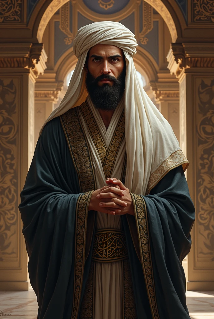 Realistic image of superior quality of a mulatto man of Arab features, 40-something, mulatto skinned, bearded, tall and strong, dressed in black cleric's black cloak shoulder pads, wearing a black turban on his head, standing and arms crossed, looking to the side ignoring the camera