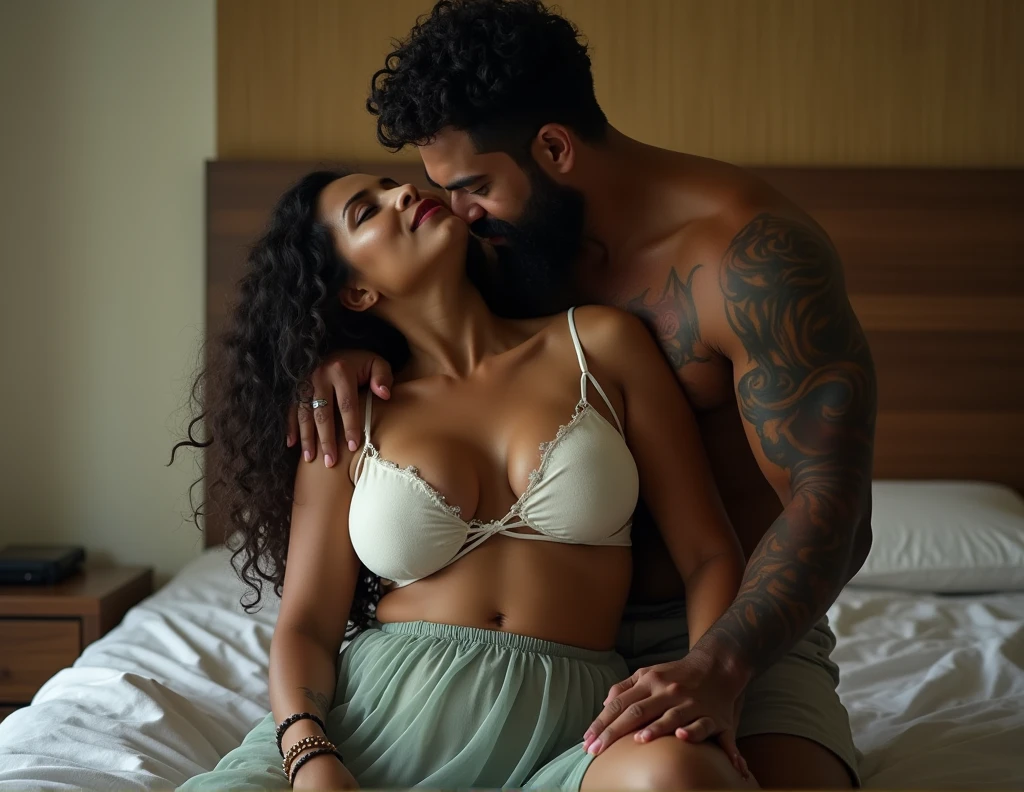 Newly wed indian couple, hot curvy south indian thick milf with single plaited hairstyle, big breast, big hip, big ass, thick thighs, woman wearing nighty, cleavage, indian couple, very short indian brown man with buzz cut, very big muscular body and beard, man wearing shorts, woman with man, couple in a big bedroom, high resolution, looking at camera, tall woman and short man, close-up potrait, Closed Mouth, man pulling woman hair, serious face, couple sitting in bed, front view