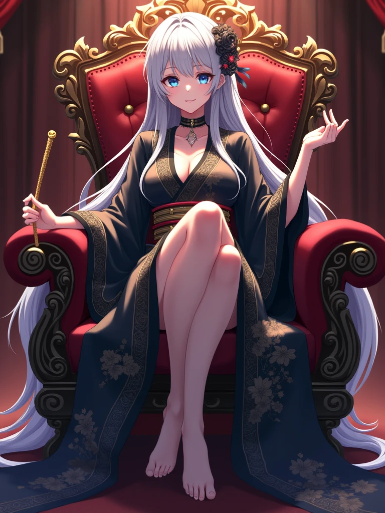 feet, five toes, Best Quality, Masterpiece, ultra high resolution, a boy, solo, 1boy, sitting in an armchair, bare legs, barefoot, barefoot, soles of feet visible, View from below, sitting in an armchair, with a dark bloody room in the background , View from below, smile, masterpiece, best quality, Cinematic, Fancy effects, Intricate details, white hair, long hair, shiny hair, shiny skin, wavy hair, detailed eyes, hd eyes, beautiful eyes, gothic, hair between eyes, layered clothes, yellow eyes, looking at viewer, highly detailed eyes, dramatic lighting, fluffy hair, dark magic background, shadow background, crimson spikes background, smug face, eyelashes, white eyelashes, hair flower, red flowers in hair, kimono, collarbone, manly body, shiny feet, bloody outfit, cute face, man, red drip, black legwear, toeless legwear (black bandaged leg:1.2), glowing eyes