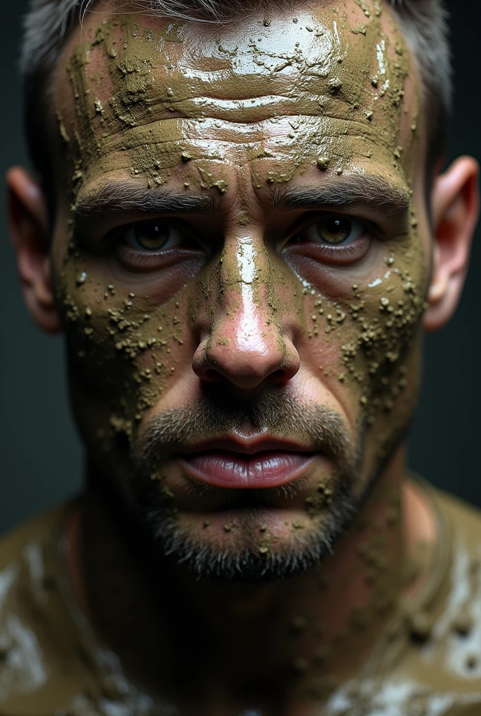 Face of a man from the front, half of his left face is made of mud and clay and mud with his face tilted upwards with his eyes closed