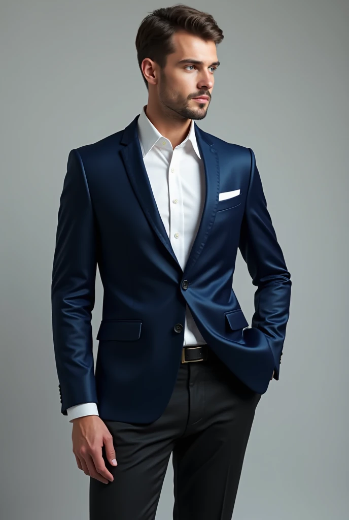 a man wearing dark gray dress shirt with bright blue stripes with a blue pent with navy blue jacket