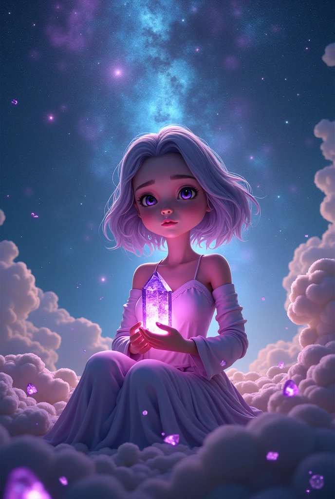 short hair 10 year old Girl in a purple crop top Shirt and purple leggings and white high cut shoes Floating in space playing Puzzle