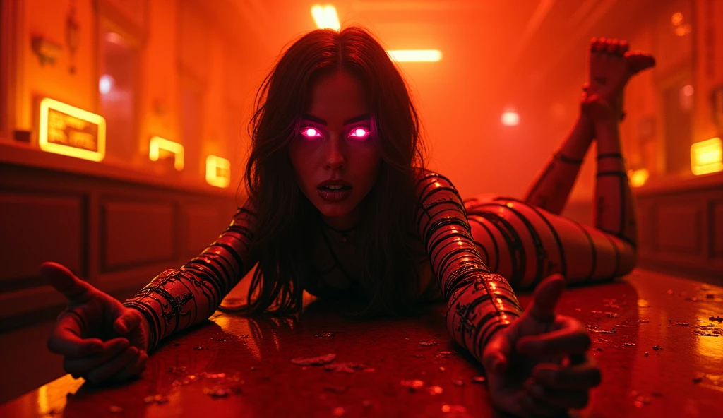 A naked girl with purple eyes in red very torn suit and wet body and laying down forward me in cyberpunk city and rainy weather and watching me with smile