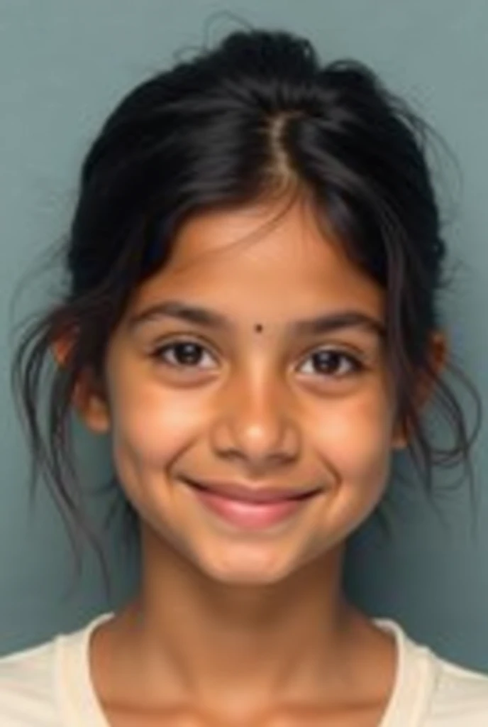 A 15-year-old white skin fair south indian girl with a cheerful and adventurous spirit, visible from the hips up. She is wearing a casual green tank top and snug jean shorts. Her short brown hair is tied back with a hairband or ribbon, and she has large, expressive eyes (brown or black). Close up