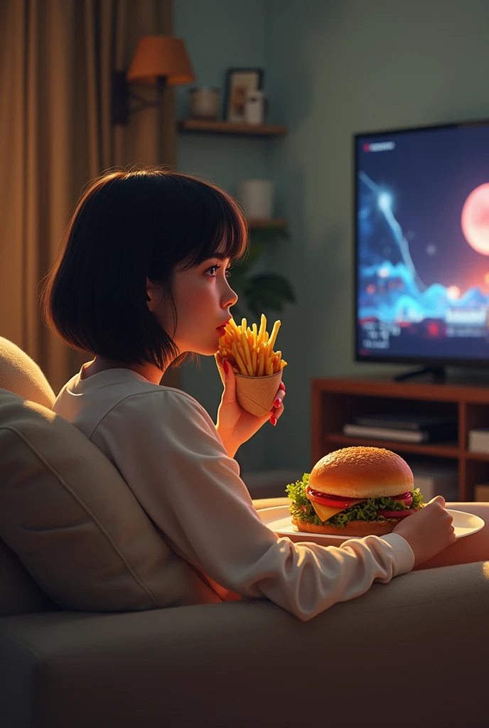 A room with the lights off, TV on with some action movie and on the table there are some snacks like french fries, hamburger and in the background of the photo you can see a woman's leg resting on the table