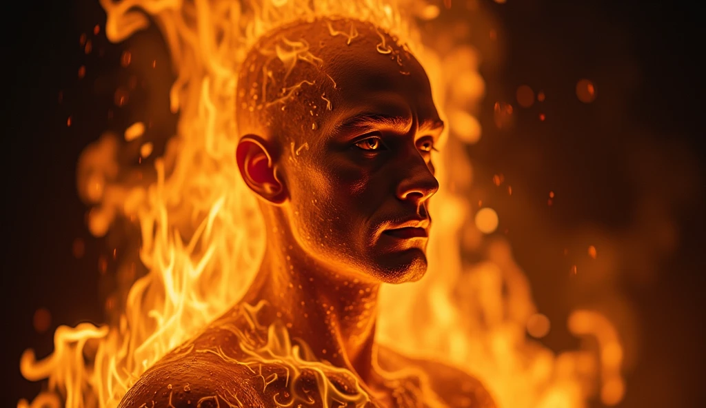 (best quality, masterpiece:1.2), A realistic painting of a man with his head made out of fire, black background, contrasting colors, exquisite, painterly, realistic painting, light painting, beautiful, breathtaking