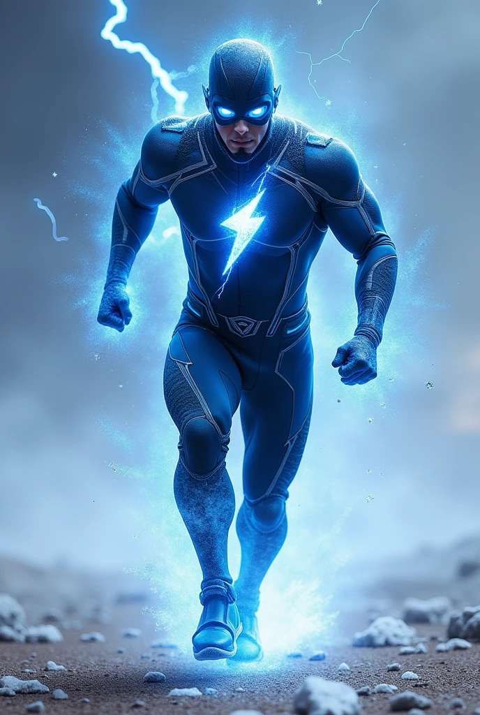 Create a hero with a black uniform with a lightning bolt on the chest