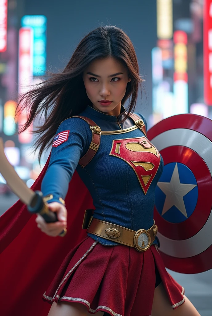 Japanese woman wearing a supergirl costume、Beauty、Tokyo、 Japanese Knife 、Captain America Shield 、 Fighting Poses、 realistic