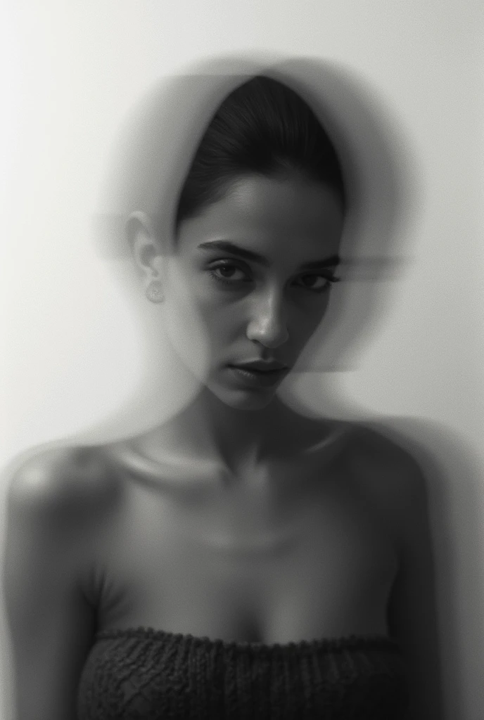RAW photo,dark,moody,hazy atmosphere,35mm focal lenght,underexposed,cold,candid photograph,artistic,full body,photo of a beautiful,influencer,30yo Iranian woman,detailed skin,, looking away from viewer, thick body structure,grey background,no background, candid pose,dim room,blue light, film grain, kodak color, instagram LUT