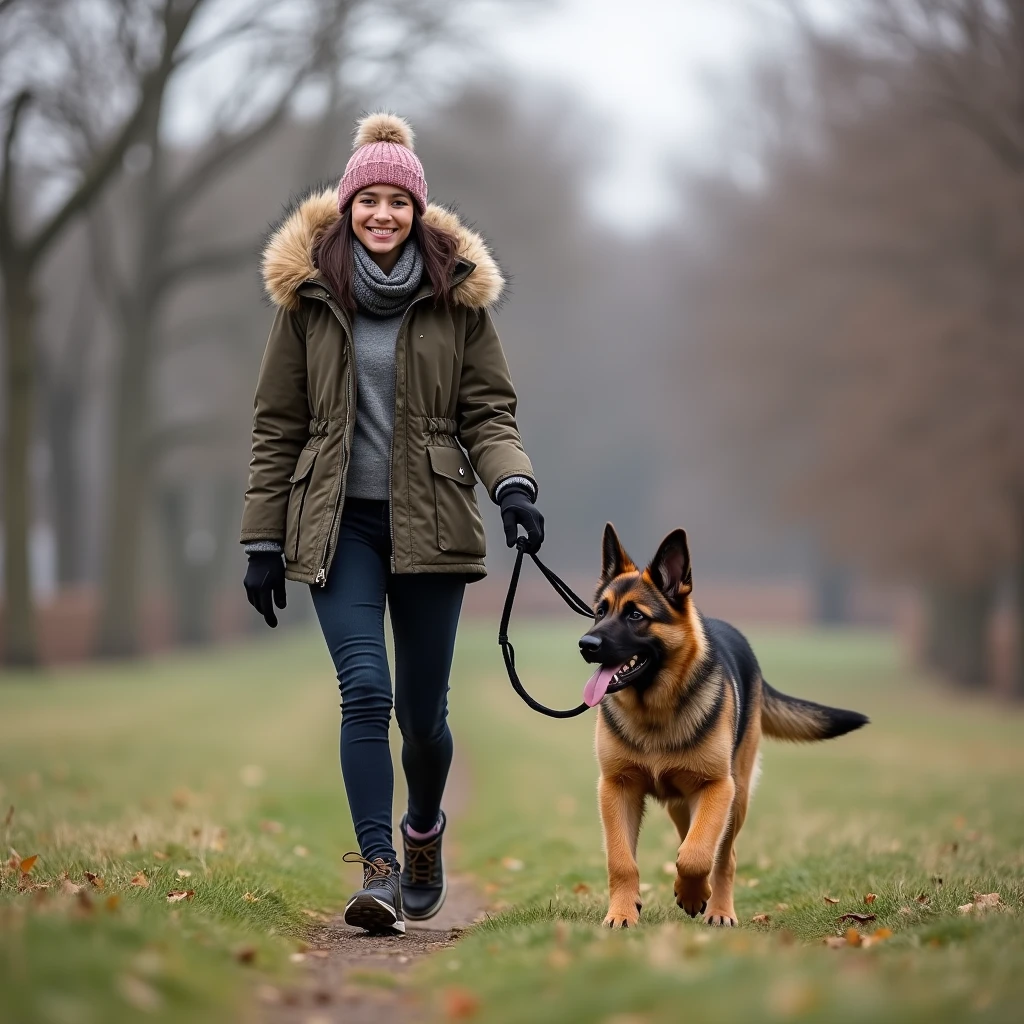 an athletic brunette in winter clothing, beautiful smile, walking a german shepherd puppy in the park. the month is december and the temperature is 8 degrees Celsius. The weather is dry but a bit overcast. The puppy is on a leash. fully body shot. dynamic pose of puppy and girl walking