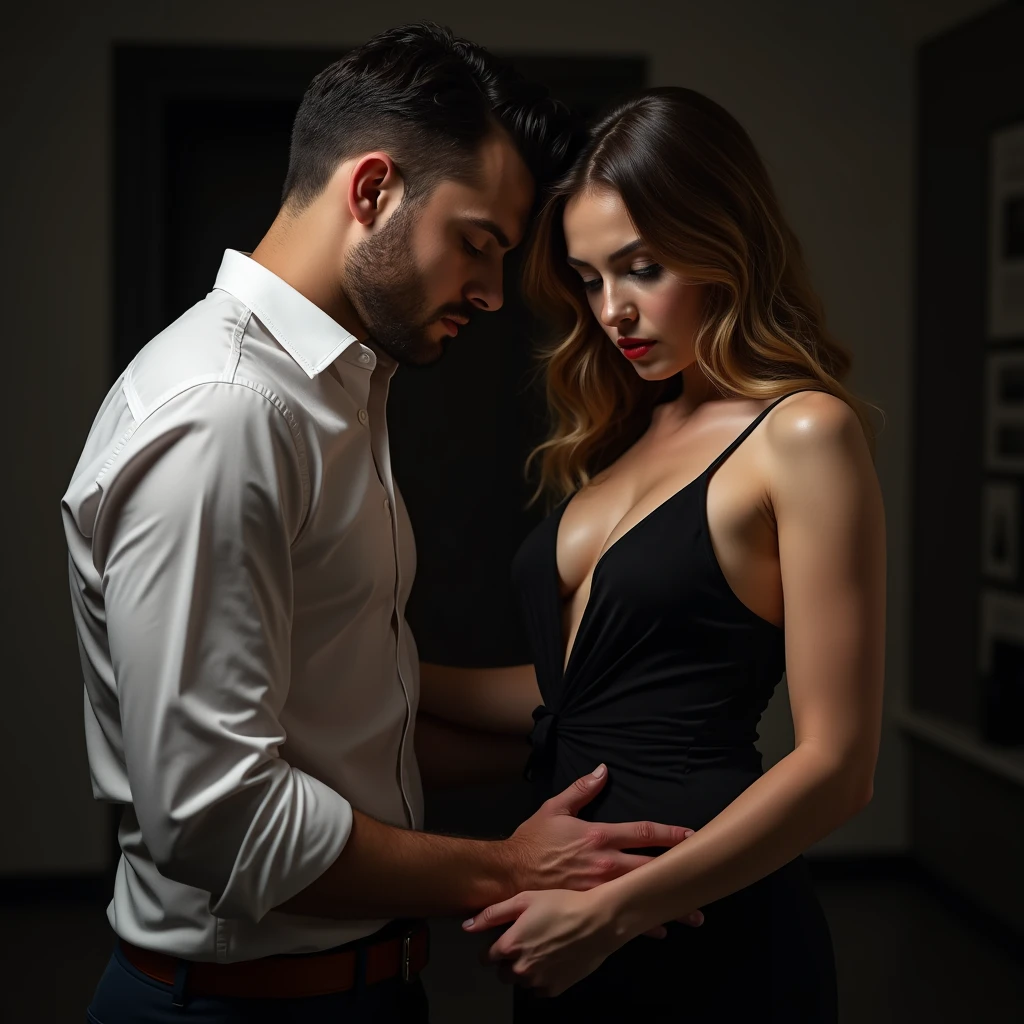 A stunning profile portrait of Neo, holding Trinity from the Matrix, she is pregnant, holding her belly, young and beautiful, hyper realistic, real portrait, backlit, exquisite features, , sexy, setive, natural light, soft light, romantic, neo 2 people: neo and trinity, (((she has short slicked back hair))), green matrix code in her belly, must have neo, Keanu reeves is holding trinity