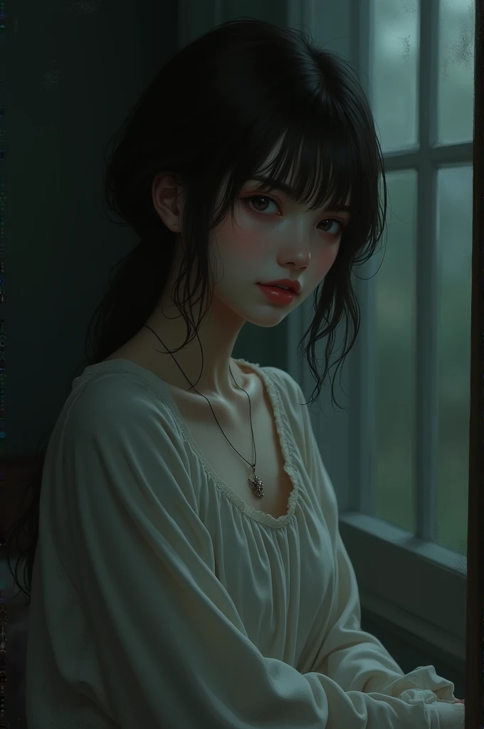 ((masterpiece, best quality)), (1 Girl), (Solitary), (Women&#39;s Focus), night (Chainsaw Man),(Very rich facial details, Real images, Realistic white skin, Realistic body, Intricate details), Upper Body, Serious , Brown eyes, Looking at the audience, bandage over the body, Black Hair, Long-sleeved shirt, Apron Dress, Black tie, bandage, bandage, Small Breasts