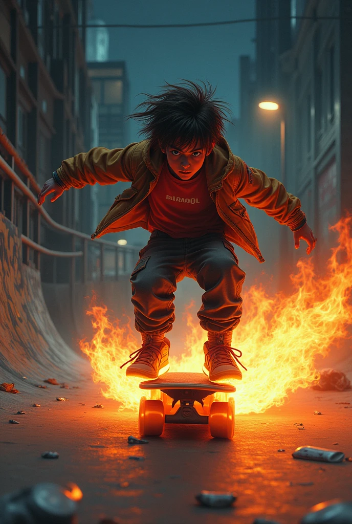A boy skating on skates with a wheel that puts fire on the skates and is