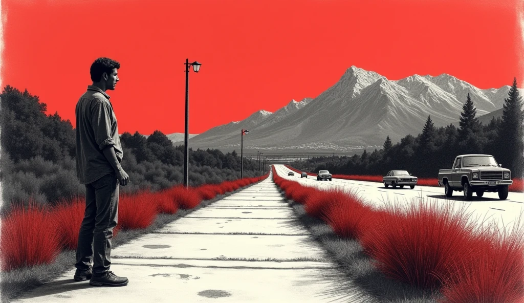 Create a detailed pencil sketch in the style of Leonardo da Vinci's engravings, featuring a retro scene from 1970s California. The image should depict a man in silhouette standing on the left side of a cement-paved sidewalk, wearing a loose-fitting shirt and pants, gazing towards the horizon. The background should showcase a highway with vehicles in motion, leading towards the majestic Santa Cruz mountains, which rise high in the distance. The sky should be a deep red, blending into dark red accents on the grass, creating a dramatic contrast with the black and white elements of the drawing. The overall composition should emphasize the interplay of light and shadow, with fine lines and cross-hatching techniques to add texture and depth, capturing the essence of nostalgia and the vibrant atmosphere of California in the 1970s.