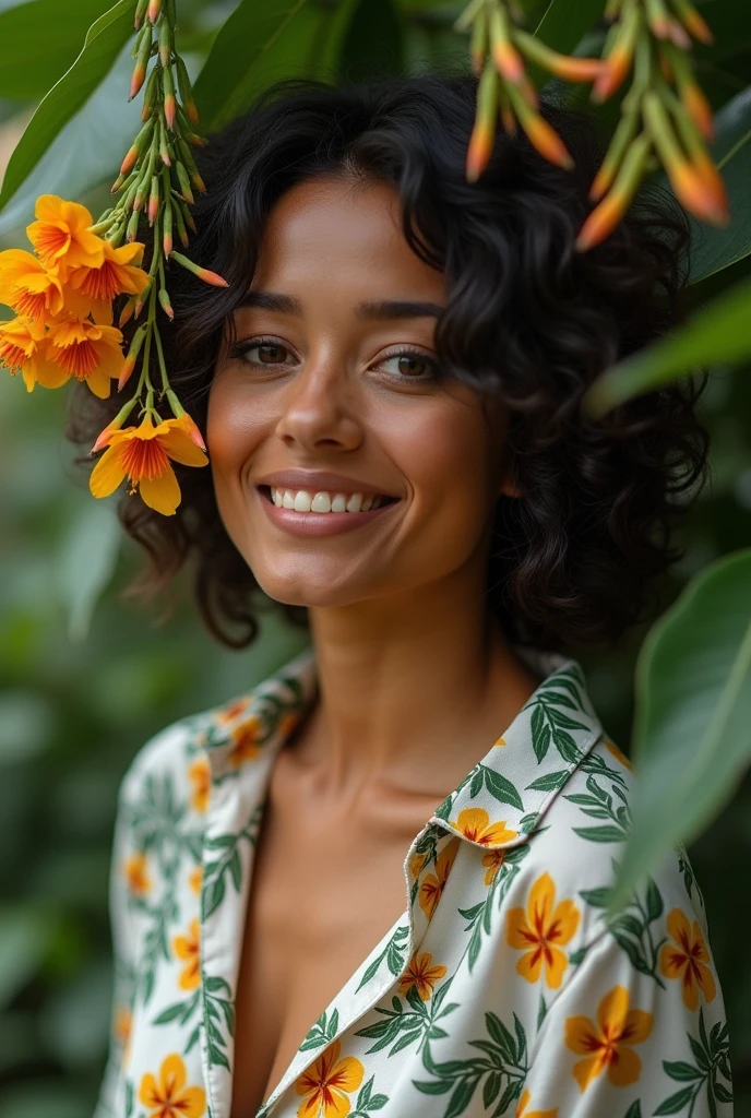 A Brazilian woman in a lush tropical garden, wearing an open shirt with a floral print, with a close-up capturing the harmonious beauty between her breasts and the natural flowers, showing off your natural charm and outgoing personality.
