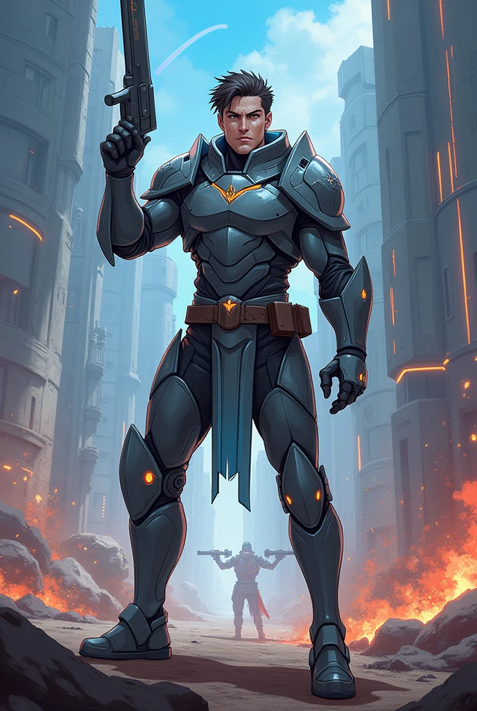 shooter commander from the distant future. He has a large build, powerful muscles, and is clad in high-tech armor covered with battle scars and futuristic symbols. His face should be visible, with a stern and determined expression, framed by short cropped hair and battle scars. In his hands, he holds an energy rifle with advanced sights and gadgets. It is surrounded by a post-apocalyptic landscape with ruined buildings and smoking ruins, creating the atmosphere of an epic battle. Behind him, a cape is developed, symbolizing his leadership and resilience. The technological helmet, removed and attached to the belt, adds a sense of readiness for any situation.