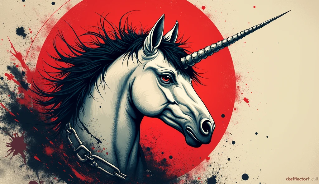 create an image with the demon amdusias in the form of a unicorn and its symbol "scary and bloody drawing" and merge it
