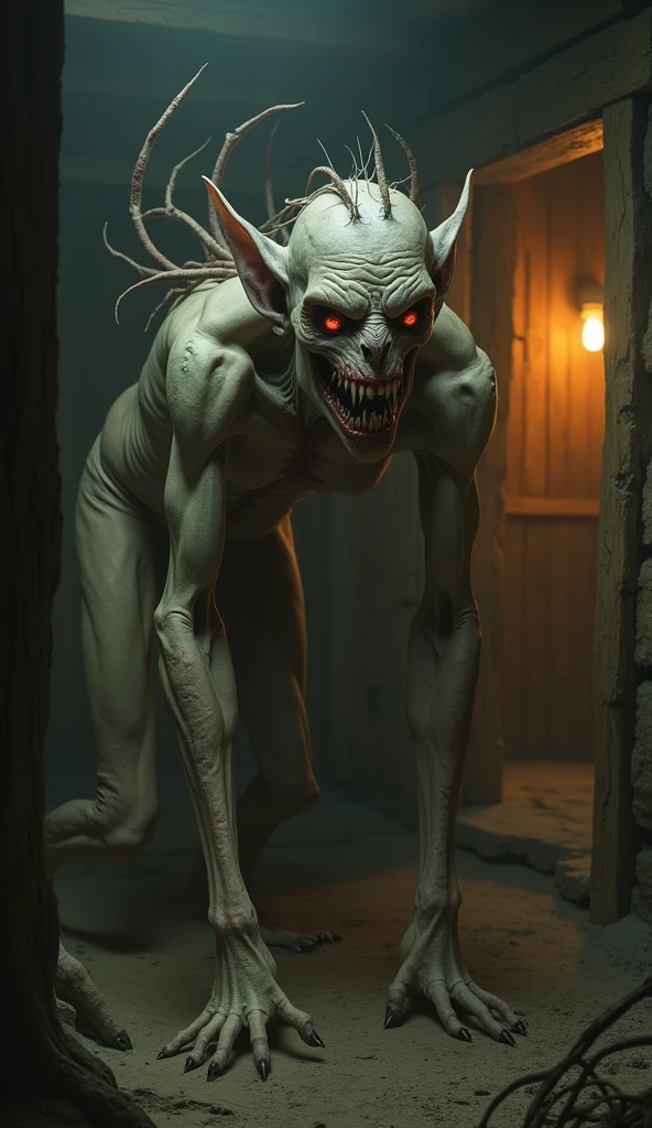 Disgusting skeletal deformed hairy legless chimera with long pointy tail no eyes and long horns, half dark academia, Estilo da DC Comics, Estilo da DC Comics