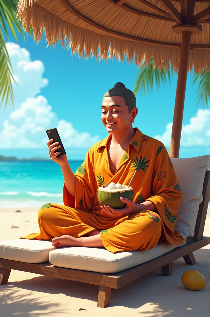 a huge Buddha Statue is lying on beach chair, sunglasses, cocktail, sand, beach,