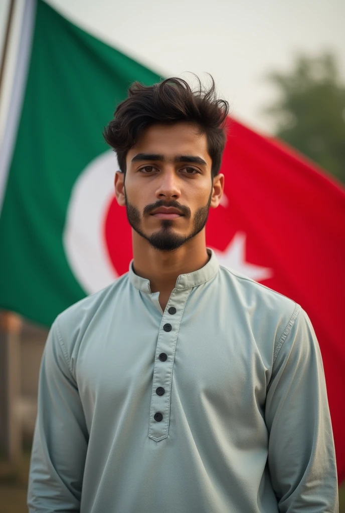 a teeen ager man whering shlwar qameez white and green standing with tha flag at the back wajiulhassan background acoordin to 14 agust with name waji ul hassan put the name waji ul hassan at the back ground