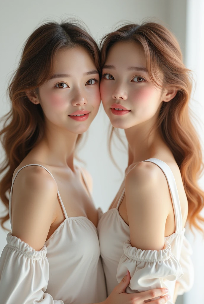2 girl , com um vestido modesto, with a sweet smile , brownhair, almond eyes, photo realist, very detailed, beautiful face, perfectbody, photo RAW UHD, ultra realisitic, ultra detailed photo, Perfect Anatomia, photo realist