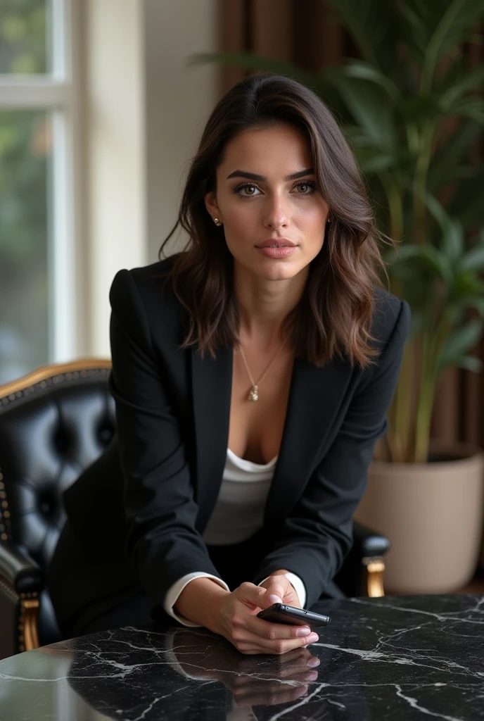 1 mulher adulta, cabelo comprido, cabelo cacheado, cabelo cor preto, pele suave, olhos castanhos, sorrir, vegetation, Occasional, Businesswoman style clothes, blaser vermelho, realista, com fundo em um restaurante chique, 8k super realista, super detalhado e realista, mulher de negocios, mulher empresaria, mulher bonita, cabelos longo, cabelos pretos, blaser preto e blusa branca, sentada no sofa sala de casa, mulher sorridente com longos cabelos pretos usando um colar de ouro e um colar, ela tem dentes brancos perfeitos, mulher com roupa social chique, mulher empresaria, mulher de blazer preto, mulher comportada