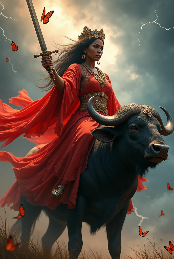 An image of Orixá Iansã in red with a sword in her hand on top of a buffalo with butterflies around it and with rays, lightning, Thunder and in the middle of the storm . Place the image on the right