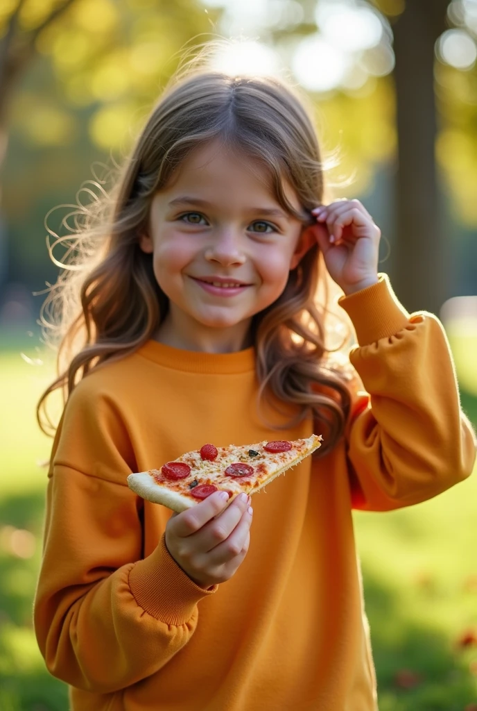 Three blonde girls children in braids with sunglasses holding a pizza.