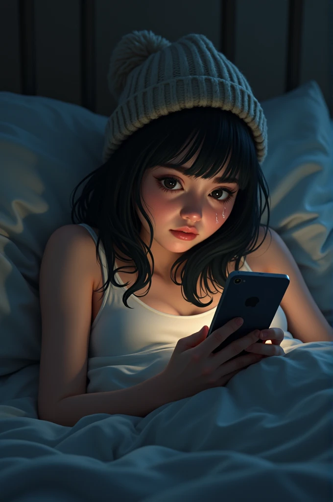 (photorealism:1.2), A 1, exuding an air of bratty nonchalance, lounging in her cluttered, teenage sanctuary. Dressed in an oversized, mismatched pajama set, she has pushed the chair out from under the desk, using it as an impromptu footrest for her bare, unpainted toes. Her belly button piercing winks subtly from the gap of her low-slung pajama bottoms, which are riding a tad too low for conventional comfort. A thick ponytail of unruly black hair is slicked back with sweat from the heat of the room or perhaps a recent, lazy dance routine to the beat of her favorite songs. Her eyes, a deep shade of brown, are glued to the phone in her hand, scrolling through an endless feed of social media. The room is a reflection of her personality: a wild collage of posters, makeup scattered across the vanity, and clothes strewn about, hinting at a recent wardrobe change. Despite the mess, there's a cozy charm to the disarray, with fairy lights casting a warm glow and the soft pink and blue hues of the walls and bedspread creating a snug ambiance. The only sound is the faint buzz of her phone notifications, as she remains oblivious to the chaos around her, lost in the digital world that seems to hold her attention more than the tangible one at her fingertips. Her expression is a mix of boredom and self-importance, a snapshot of a moment that captures the essence of a teenage girl who knows she's the queen of her own domain.