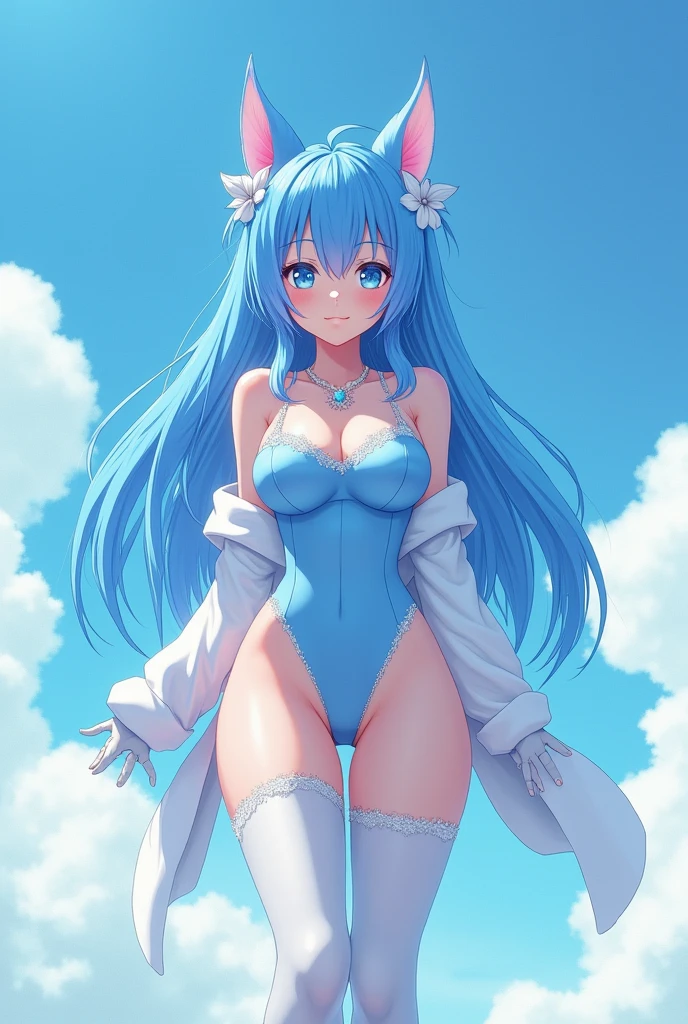 felicia, cat girl,smile, slit pupils,(cat claws,cat paws),(White fur leotard:1.3),navel,(blue hair,wavy hair), cat ears, green eyes,large breasts,(lying,Sunbathing),masterpiece,Noise Reduction,perfect anatomy,high resolution, ultra-detailed,game cg,dutch angle ,beautiful detailed eyes,visualart,five fingers, perfect hands, perfect lighting,