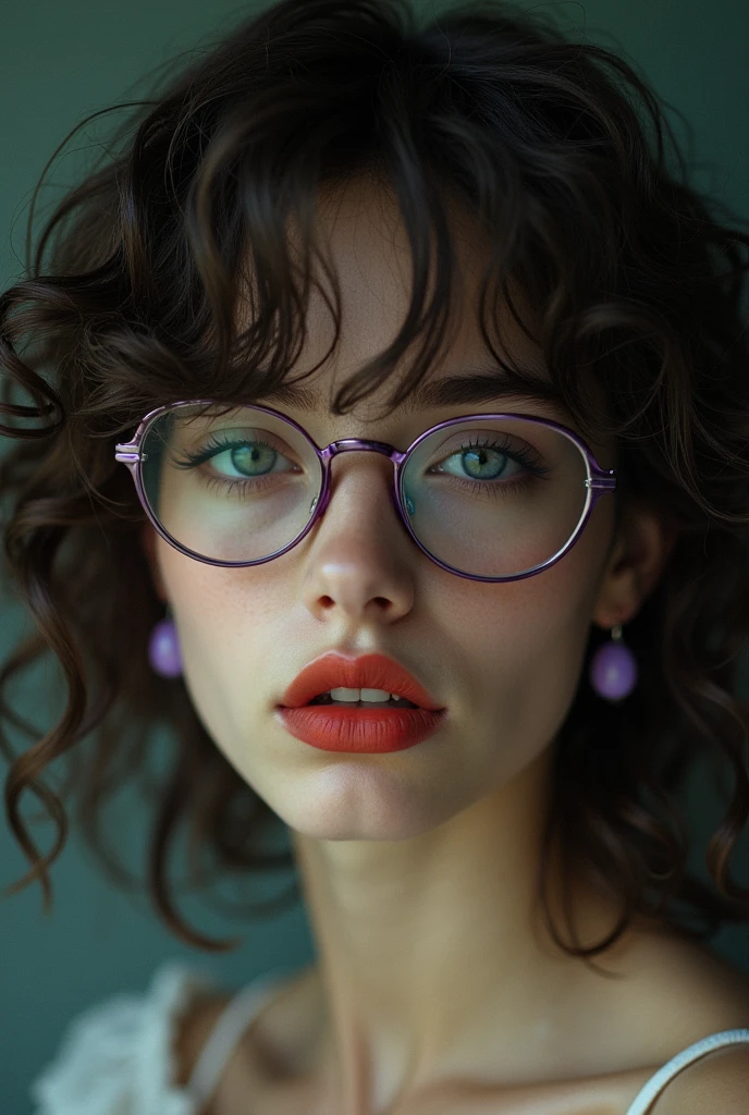 bluthe doll with red curly hair and purple highlights brown eyes and glasses