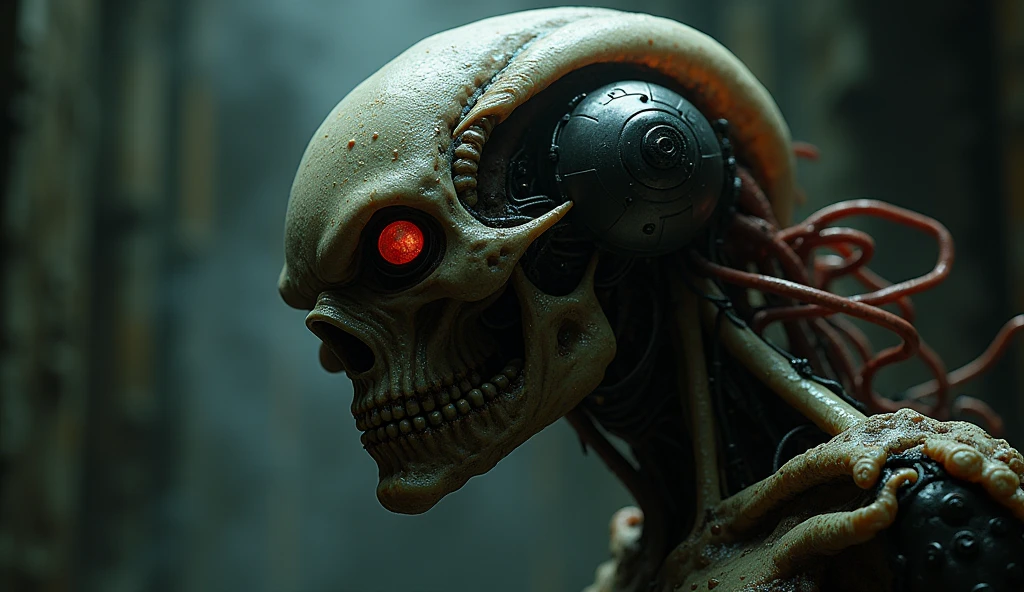 Hyper realistic, abominable monstrosity, style of H.R. Giger, biomechanical, dark, detailed flesh and metal fusion, disconcerting, grotesque, unnatural, strange, horrific perspective, chiaroscuro, stark contrast, harsh lighting, dark surrealism, cybernetic macabre, high detail, masterpiece.
