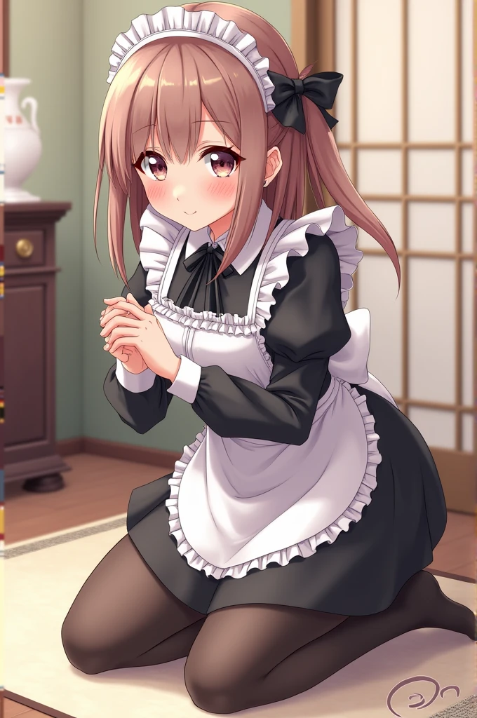 1 boy, fellatio, penis balls_deep,deepthroat Cum in the back of my throat, Painful expression, Wide-eyed and surprised expression pussy juice  Brown hair, brown eyes, long hair, wearing an apron, 