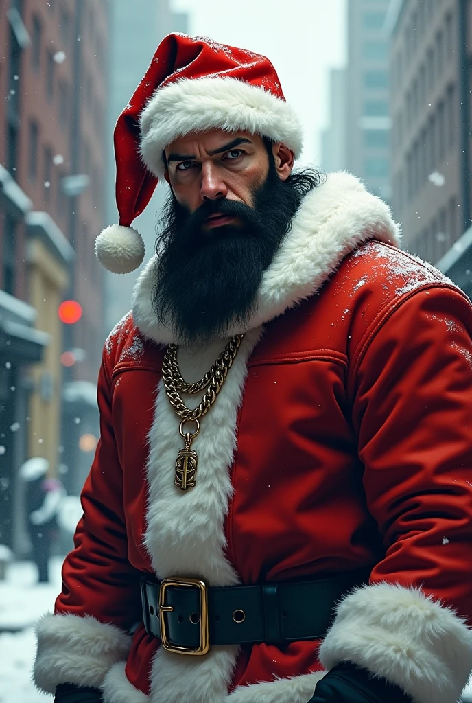 Military general,Wear Santa's clothes ,Strong body,bellyfat,Icy background,40-year-old middle-aged man,male people,he is about 40 years old,Thick eyebrows, Big eyes,opens his eyes wide,With a smile,Gentle expression,Give gifts,musculature,