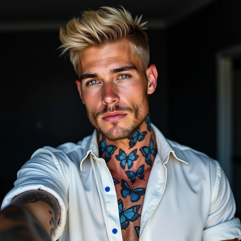 blond man, eyes the color of honey, tattooed, white and handsome