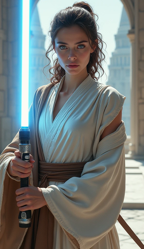 blue eyes, brunette, curly hair in ponytail, d cup breasts, white jedi tunic, brown jedi robe, holding double blue blade lightsaber, jedi temple in background