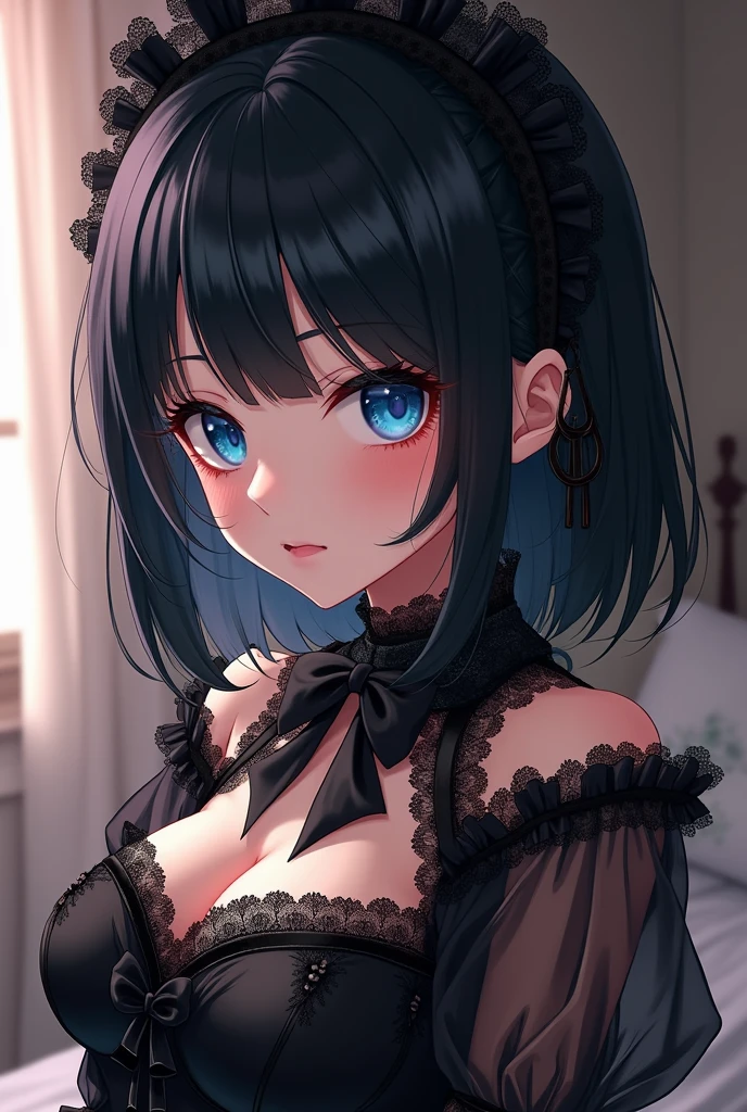 I want a gothic girl having sex who has half blue, half black hair
