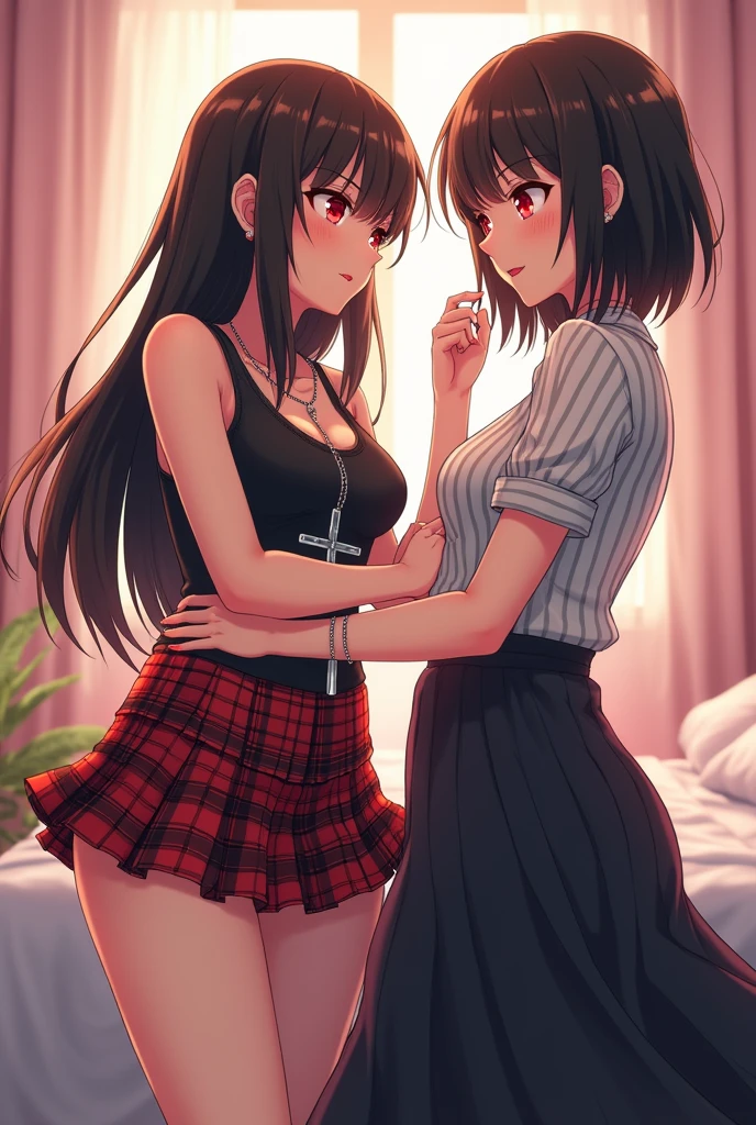 Nsfw, Amidst the pulsating rhythm of the nightclub, two girls found solace in the smokers' corner, bathed in the dim light cast by a flickering neon sign. Their intimate connection was palpable, as they leaned into each other, their bodies capitalizing every inch of the cozy, dark corner. Hands grazed the length of each other's arms, sending shivers down their spines. One girl ran her fingers through the other's long, curly hair. Their legs spread open, creating a subtle yet seductive display. The hem of one girl's mini skirt rode up, revealing a glimpse of black lace panties. Both girls wore long, black stockings,