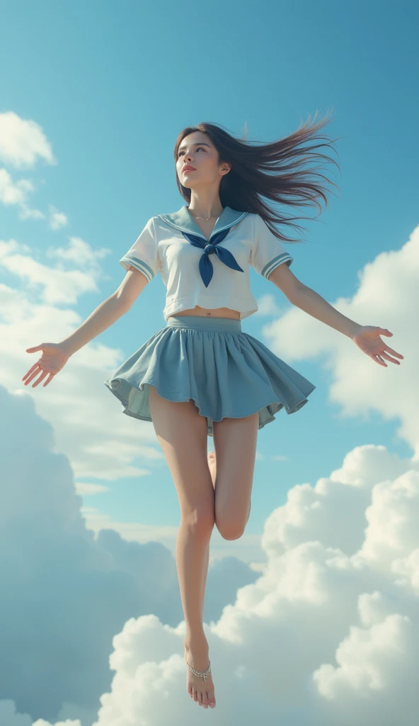 4K,neons, Best Quality, Hyper Detail,1girl in, , cloud, Bag, Short hair, Outdoors, Skirt, School uniform, School bag, White shirt, Blue sky,Full body, Short sleeves, Power lines, Cloudy sky, Standing, hands on pockets, cumulonimbus clouds, Sailor collar, tree, light Particle、Happy smile、realisitic、Live action、a miniskirt、Orange sunset、Looking at the camera、Happy smile、Faces close