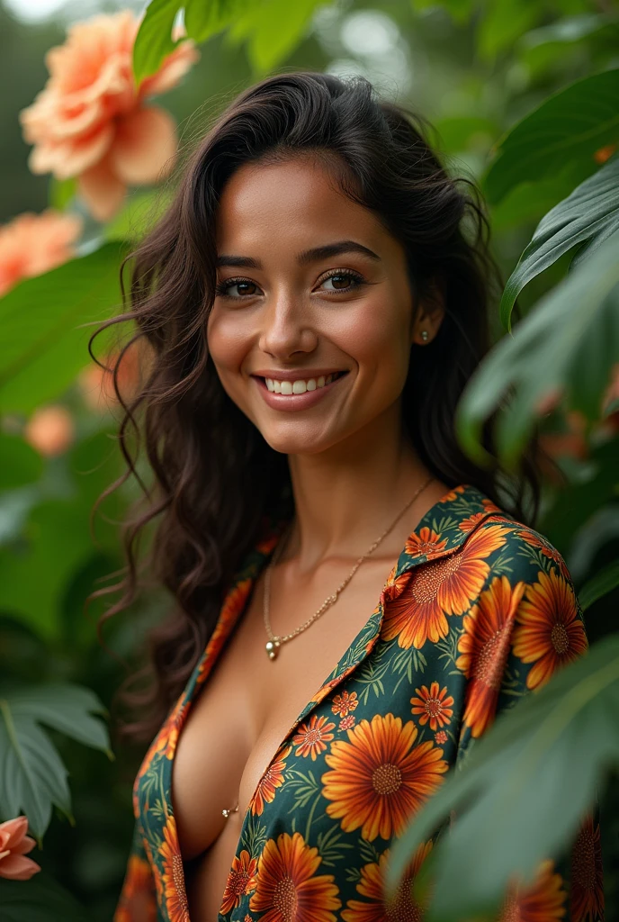A Brazilian woman in a lush tropical garden, wearing an open shirt with a floral print, with a close-up capturing the harmonious beauty between her breasts and the natural flowers, showing off your natural charm and outgoing personality.