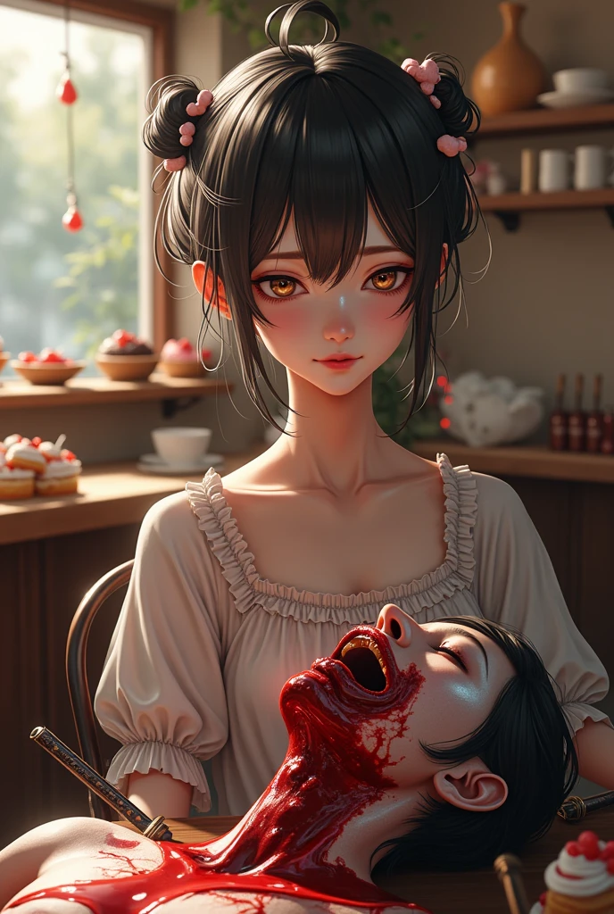 decapitated female head on a plate, covered in flesh, full of blood, ((eyes closed)), served like a food dish, bloody, photorealistic, 4K, Nikon, horror, ahegao face