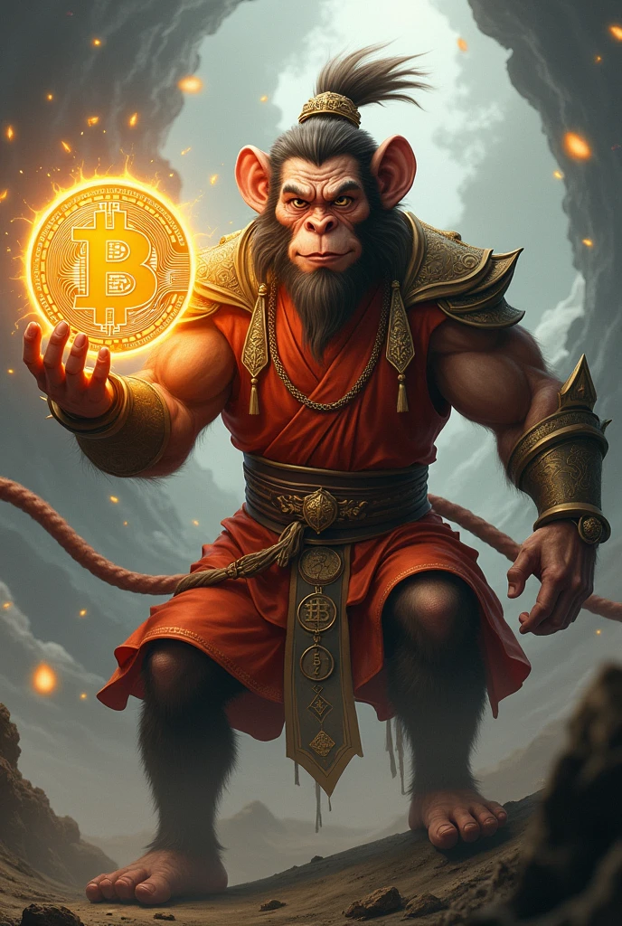 (high quality image), monkey holding bitcoin coin, gear, realism, colorful, glasses, sword of a king --auto --s2