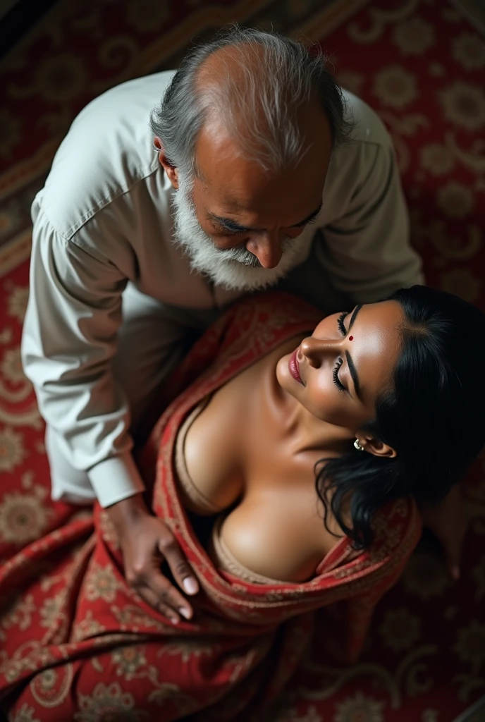 An extremely beautiful and sexy russian blonde woman, fair skin, with huge saggy breast, slim body, curvy hips, flat stomach, topless on a tong, kissing an ugly old indian man, sittong on his lap in an intimate atmosphere, full body, dynamic view, highres, warm lighting