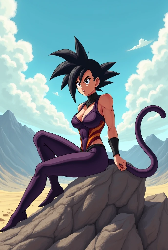 Make an adult woman Saiyan from the anime Dragon Ball Z she is short and wears the typical Saiyan costume with a strength equivalent to 1230 she is sitting on a rock smiling and her hair reaches her shoulder do it in an anime style possibly inspired by Dragon Ball Z